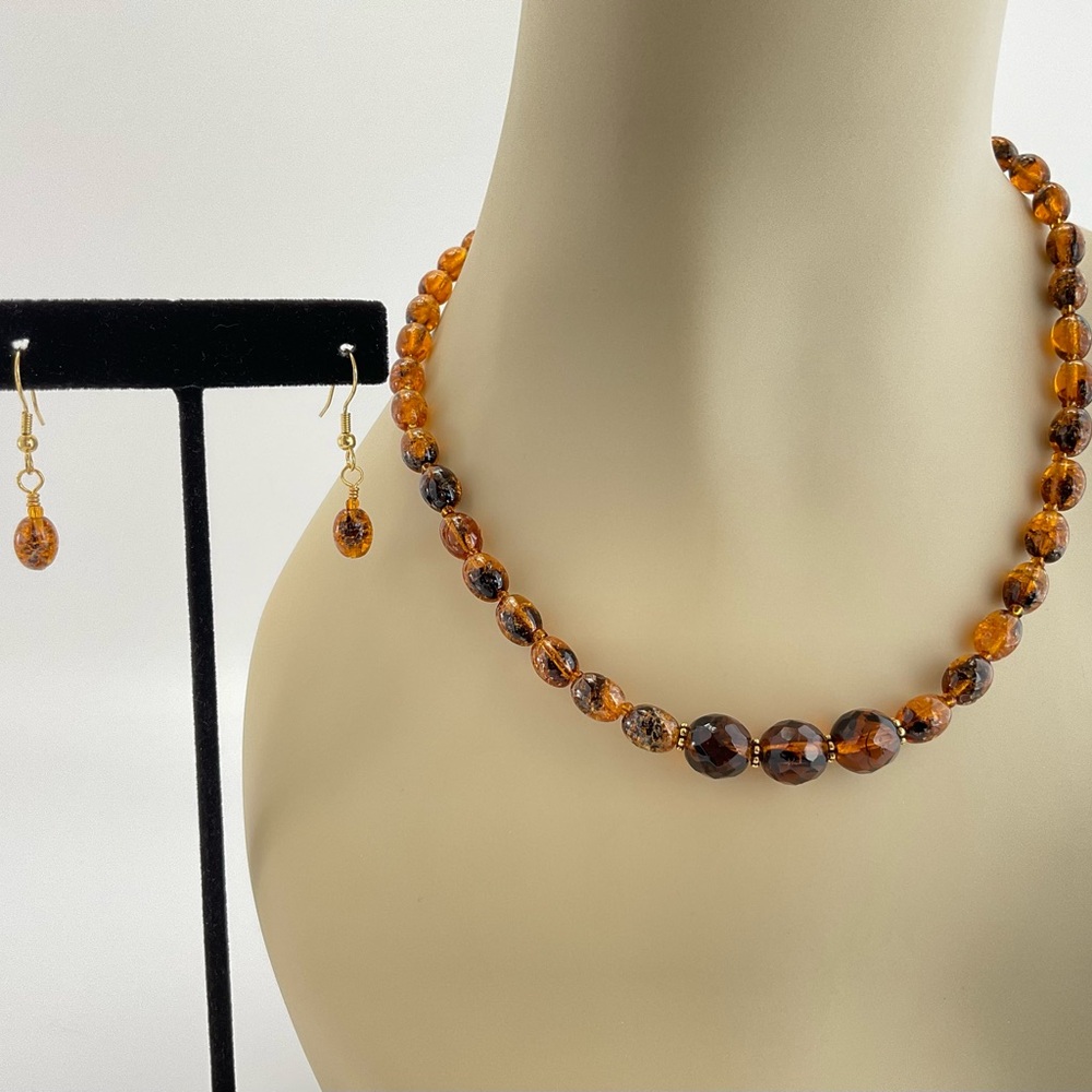 Faux Amber Crackle Glass & "Tiger" Crystal Beaded Necklace & Earring Set,